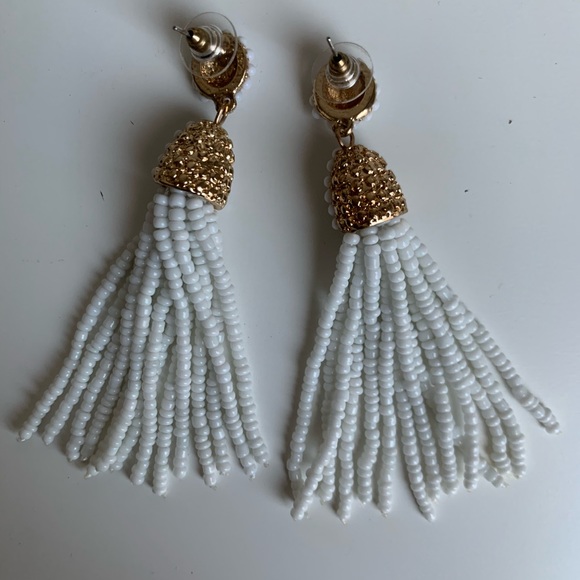 White Beaded Tassel Capped Drop Stud Earrings - Picture 3 of 5